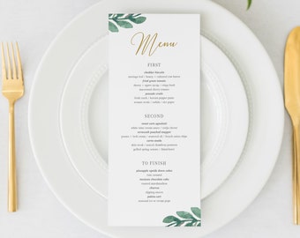 Greenery Wedding Menu Template, Greenery Menu Editable Download, Editable Menu Cards, Printable Menu, 4x9 & 5x7 - GFG100