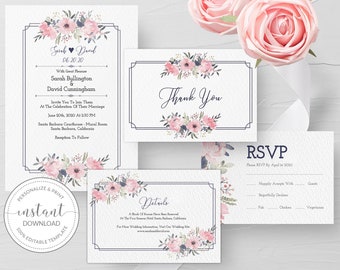 Navy and Blush Wedding Invitation Template, Editable Wedding Invitation Suite Printable, Floral Wedding Invite Set, INSTANT DOWNLOAD - NB100