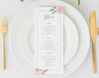 Téléchargement de modèle de menu de mariage floral rose, téléchargement modifiable de menu de mariage de fard à joues, menu imprimable 4x9 et 5x7 - FR100