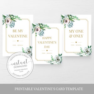 Printable Valentine Cards For Kids, Blush Gold Floral Valentine Day Card Printable Template, Personalized Valentines, DIGITAL BGF100