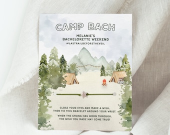 Gunsten vrijgezellenfeest kamp, wensarmband, vrijgezellenwandeling, Last Trail Before The Veil, Camp Bach, Glamping Bachelorette, Cabin Bach