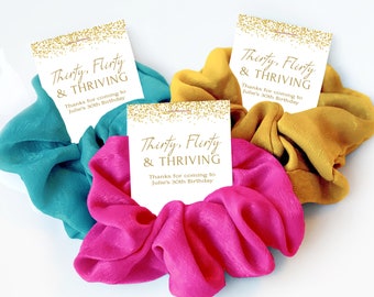 30th Birthday Party Favors for Women, Hair Scrunchies, Thirty Flirty and Thriving 30th Birthday Favors, Thirtieth Birthday Supplies