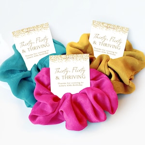 30th Birthday Party Favors for Women, Hair Scrunchies, Thirty Flirty and Thriving 30th Birthday Favors, Thirtieth Birthday Supplies