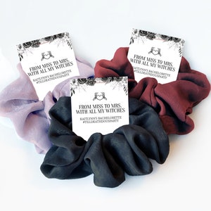 Halloween Bachelorette Favors, Hair Scrunchies, From Miss To Mrs With All My Witches, Til Death Do Us Party Gothic Bridesmaid Gifts, DA100
