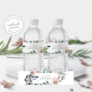 Baby Shower Water Bottle Labels Template, Printable Girl Baby Shower Bottle Wrapper, Boho Rose Floral Drink Label, INSTANT DOWNLOAD BR100