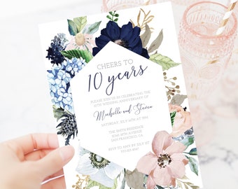 10th Wedding Anniversary Invitation Template, Printable 10th Anniversary Party Invite, Cheers to 10 Years, DIGITAL DOWNLOAD MB100
