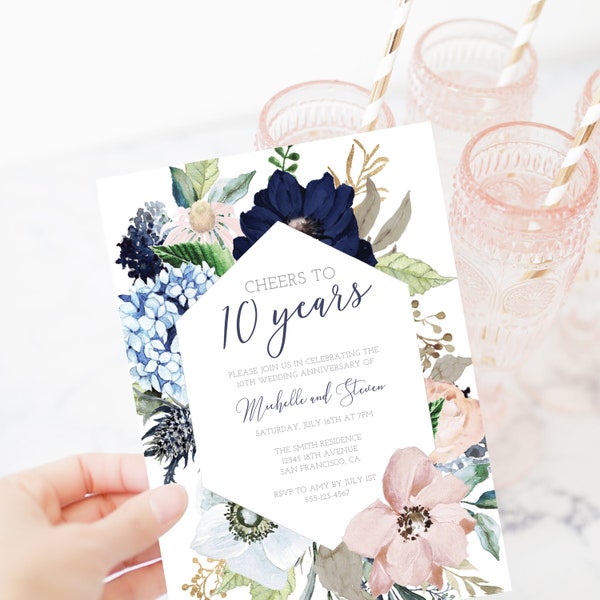 10th Wedding Anniversary Invitation Template, Printable 10th Anniversary Party Invite, Cheers to 10 Years, DIGITAL DOWNLOAD MB100