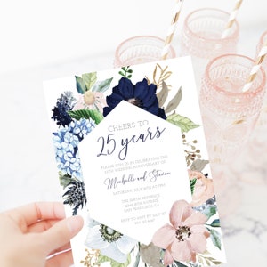 25th Wedding Anniversary Invitation Template, Printable 25th Anniversary Party Invite, Cheers to 25 Years, DIGITAL DOWNLOAD MB100