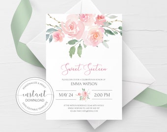 Sweet 16 Invitation Template, Pink Floral Sweet Sixteen Invitation Printable, Sweet 16 Birthday Invitation, Invite DIGITAL DOWNLOAD - FR100
