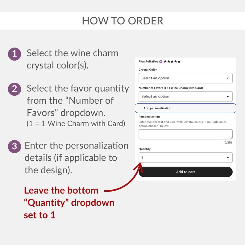 The image is a step-by-step guide on how to order wine charms, including selecting the wine charm color, the number of favors, and personalizing the favor quantity.