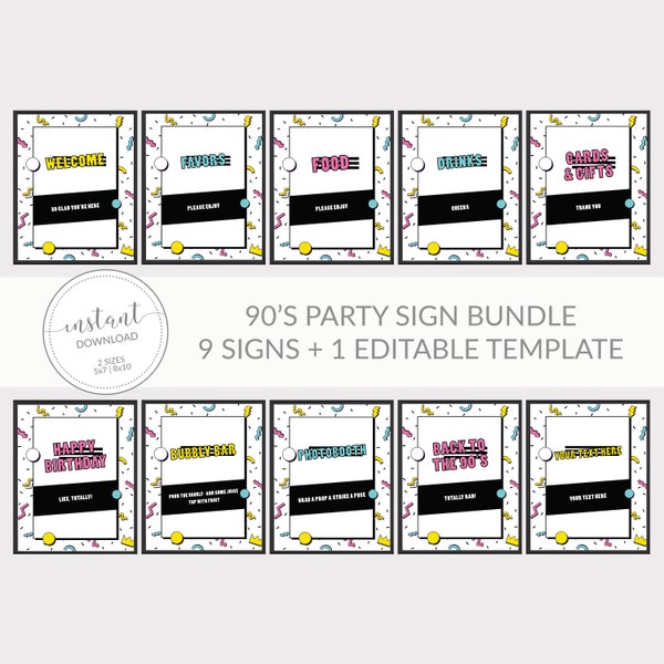 90s Party Sign Bundle, Printable 90s Party Decorations, 90s Birthday Party Decorations, Back To The 90s Party Decor, DIGITAL DOWNLOAD 90s100