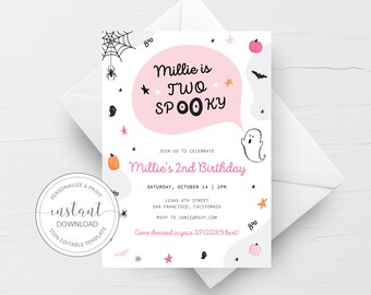 Halloween 2nd Birthday Invitation Girl Template, Cute Ghost Two Spooky, Printable Pastel Halloween Birthday Invite, INSTANT DOWNLOAD CH100