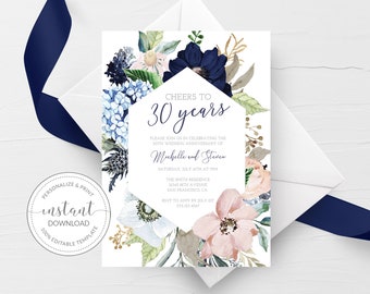 30th Wedding Anniversary Invitation Template, Printable 30th Anniversary Party Invite, Cheers to 30 Years, DIGITAL DOWNLOAD MB100