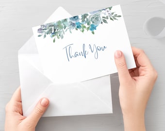 Blue Floral Thank You Card Printable, Blue Floral Wedding Thank You Note, Folded and Flat 5X3.5, Editable Template DIGITAL DOWNLOAD - BF100