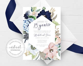 15th Wedding Anniversary Invitation Template, Printable 15th Anniversary Party Invite, Cheers to 15 Years, DIGITAL DOWNLOAD MB100