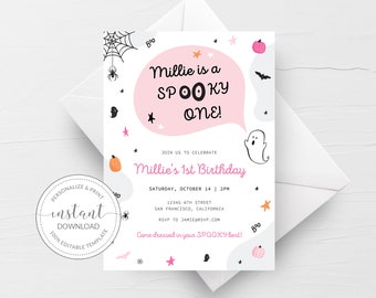 Halloween 1st Birthday Invitation Girl Template, Cute Ghost Spooky One, Printable Pastel Halloween First Birthday Invite, Digital CH100