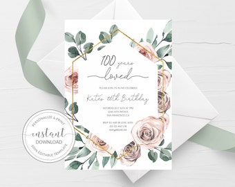 100th Birthday Invitations, Printable 100th Birthday Party Invitation, Boho Rose Floral 100th Birthday Invite, INSTANT DOWNLOAD BR100