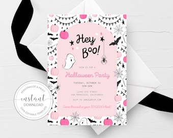 May include: A Halloween party invitation with a pink and white design. The invitation features the text "Hey Boo!" and includes details for a Halloween party, including the date, time, and location. The design includes ghosts, spiders, and pumpkins.