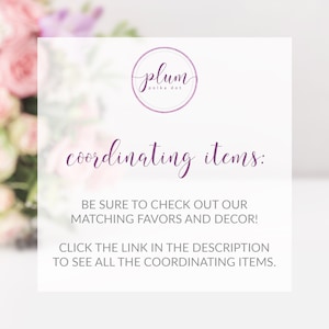 Pu&ograve; includere: Uno sfondo bianco con un logo viola che dice "plum polka dot" e il testo "coordinating items: BE SURE TO CHECK OUT OUR MATCHING FAVORS AND DECOR! CLICK THE LINK IN THE DESCRIPTION TO SEE ALL THE COORDINATING ITEMS."