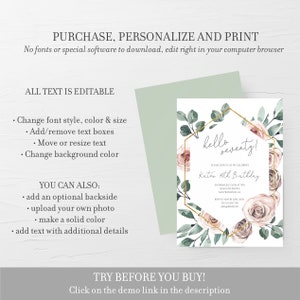 Puede incluir: Plantilla de invitaci&oacute;n editable con un dise&ntilde;o floral con rosas rosas y hojas verdes. El texto dice "hello seventy!" y "Kate's 70th Birthday".