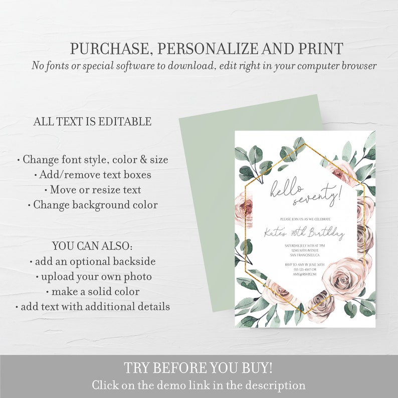 Puede incluir: Plantilla de invitaci&oacute;n editable con un dise&ntilde;o floral con rosas rosas y hojas verdes. El texto dice "hello seventy!" y "Kate's 70th Birthday".