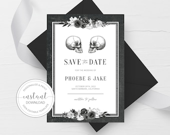 May include: A black and white save-the-date card with two skull illustrations. The card reads "Save the Date" for Phoebe & Jake, with the wedding date and location. Floral accents and a black envelope complete the design.