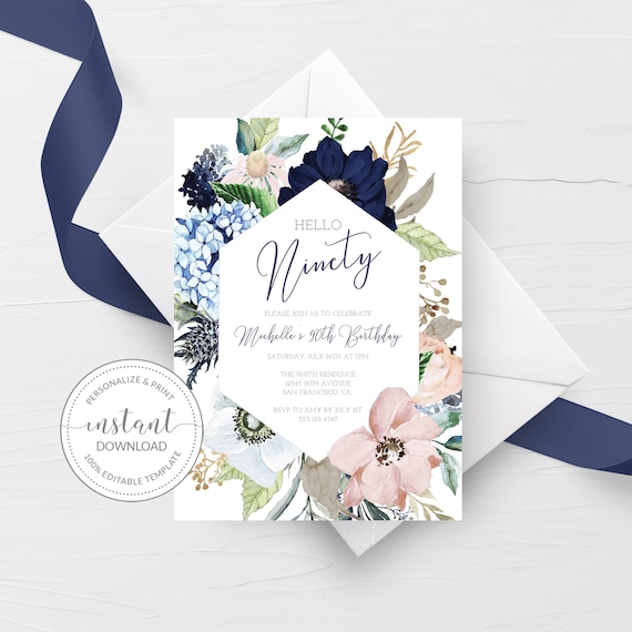 90th Birthday Invitations, Printable 90th Birthday Party Invitation, Navy Blush Floral 90th Birthday Invite, INSTANT DOWNLOAD MB100
