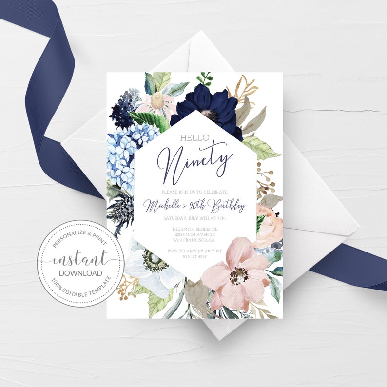 May include: A floral-themed invitation with a blue and white floral border. The invitation is for a 90th birthday party. The text on the invitation reads "Hello Ninety" and "Please join us to celebrate Michelle's 90th Birthday".