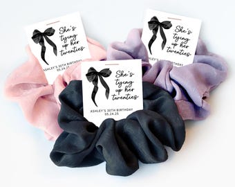 Tying Up Her Twenties Birthday Favors, Hair Scrunchies, Coquette 30th Birthday Party Favors, Black Bow Birthday Thank You Guest Gifts