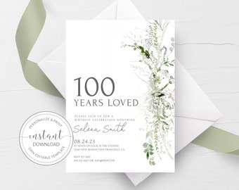 100th Birthday Invitation Template, Printable 100th Birthday Party Invitation, Boho Greenery 100th Birthday Invite, INSTANT DOWNLOAD GM200