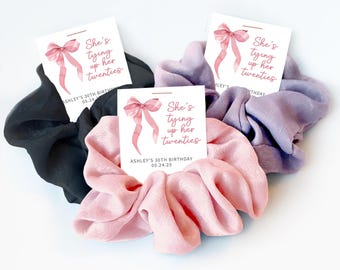 Coquette 30th Birthday Party Favors, Hair Scrunchies, She's Tying Up Her Twenties Birthday Favors, Pink Bow Birthday Thank You Guest Gifts