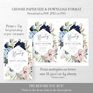 May include: Printable invitation for a 90th birthday party. The invitation features a floral design with blue, pink, and green flowers. The text on the invitation reads "Hello Ninety" and "Mabelle's 90th Birthday".