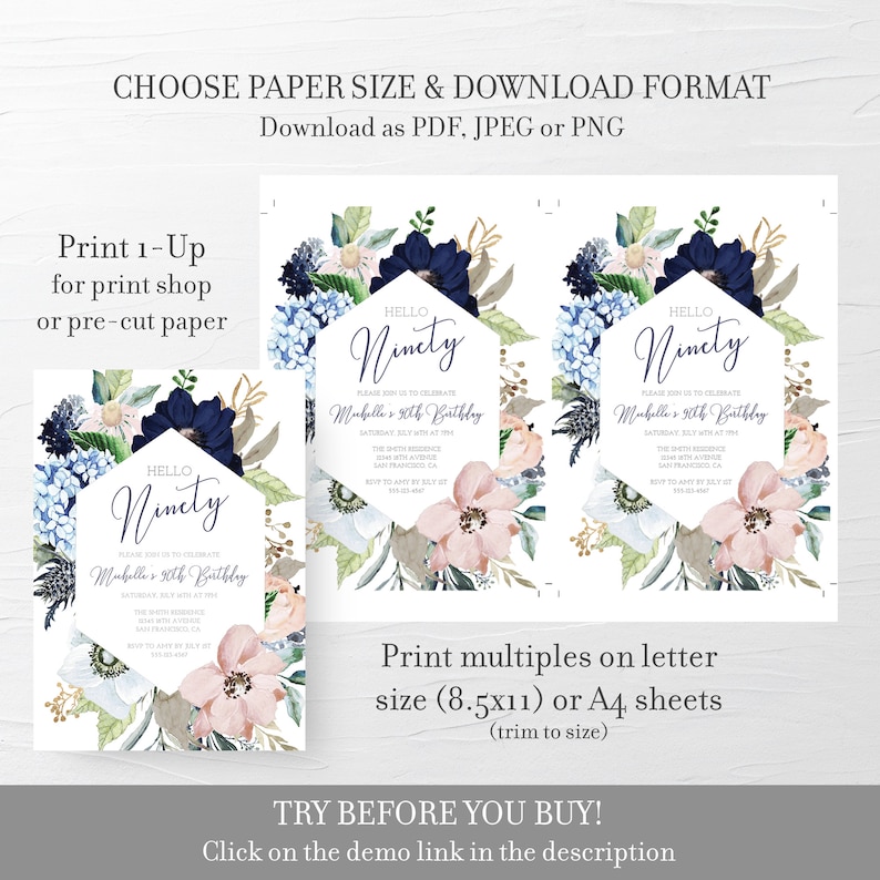May include: Printable invitation for a 90th birthday party. The invitation features a floral design with blue, pink, and green flowers. The text on the invitation reads "Hello Ninety" and "Mabelle's 90th Birthday".