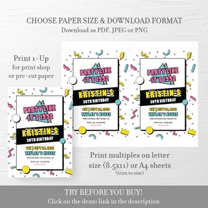 May include: Printable 30th birthday party invitation with a 90s theme. The invitation features a black and white background with colorful geometric shapes and the text "Party Like It's 1992" in pink, blue, and yellow. The invitation also includes the name "Kristine's" in a black and white font with a blue and yellow border.