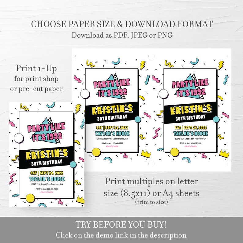 May include: Printable 30th birthday party invitation with a 90s theme. The invitation features a black and white background with colorful geometric shapes and the text "Party Like It's 1992" in pink, blue, and yellow. The invitation also includes the name "Kristine's" in a black and white font with a blue and yellow border.