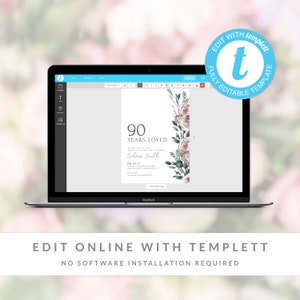 May include: A digital template for a 90th birthday invitation. The invitation features a floral design with pink and green watercolour flowers. The text on the invitation reads "90 Years Loved" and includes the name "Selina Smith" and the date "08.24.21".