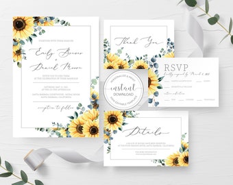 Sunflower Wedding Invitation Template, Editable Wedding Invitation Suite Printable, Floral Wedding Invite Set, INSTANT DOWNLOAD - S100