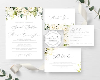 White Floral Greenery Wedding Invitation Template, Printable Wedding Invitation Set, Editable Wedding Invitation, DIGITAL DOWNLOAD - WRG100