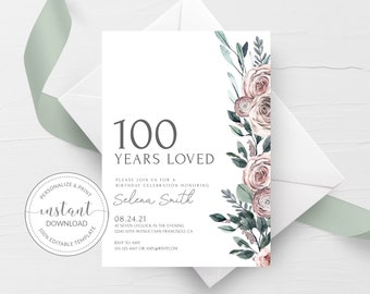 100th Birthday Invite Template, Rose 100th Birthday Invitation For Women, 100 Years Loved Birthday Party Printable, INSTANT DOWNLOAD BR100