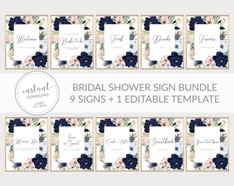 Printable Bridal Shower Sign Bundle, Navy Blush Floral Bridal Shower Decorations, Editable Bridal Shower Template, DIGITAL DOWNLOAD MB100