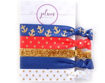 Nautical Hair Tie Bracelet, Elastic Hair Bands, Stocking Stuffers for Her, No Crease Hair Ties, Elastic Hair Ribbons, Set of 5