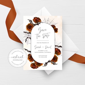 Gothic Save The Date Vorlage, bearbeitbare Save The Date Karte, Burnt Orange Halloween Hochzeit Save The Date Printable 5x7 SOFORT DOWNLOAD H300