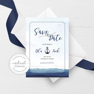 Nautische Save The Date Karte, Aquarell Hochzeit Verlobungsankündigung, Ozeanwellen, Seaside Anker Save The Date Vorlage, 5x7 - MB100