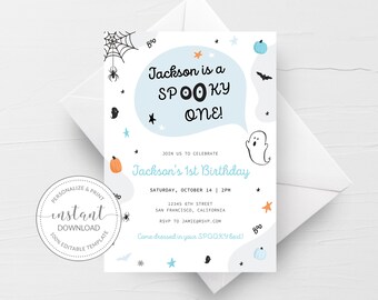 Halloween 1st Birthday Invitation Boy Template, Cute Ghost Spooky One, Printable Pastel Halloween First Birthday Invite, DIGITAL CH100