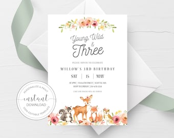 Woodland 3rd Birthday Invite Template, Young Wild and Three Birthday Girl Invitation Printable, Woodland Animals, INSTANT DOWNLOAD W100