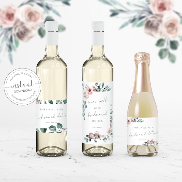 Printable Will You Be My Bridesmaid Wine Label Template, Pairs Well With Bridesmaid Duties, Mini Champagne, Editable DIGITAL DOWNLOAD BR100