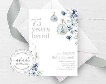 Winter Birthday Invitation Template, Printable 75th Birthday Invitation, Christmas Birthday, 75th Birthday Invite, INSTANT DOWNLOAD AW100