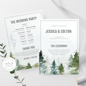 Op de afbeelding: Huwelijksceremonieprogramma met een aquarelbosachtergrond. Het programma vermeldt de ambtenaar, de ouders van de bruid en bruidegom, de bruidsmeisjes, de bruidsjonkers, de bloemenmeisjes en de ringdragers. De details van de ceremonie omvatten de datum, de locatie en een lijst met gebeurtenissen: prelude, processie, huwelijksboodschap, uitwisseling van geloften, uitwisseling van ringen, aankondiging, presentatie van het paar en uittocht.
