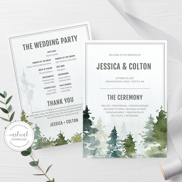 Woodland Wedding Ceremony Program Template, Forest Wedding Programs, Pine Tree Editable Wedding Program, 5x7 DIGITAL DOWNLOAD - D100