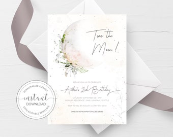 May include: A watercolor illustration of a moon with the text "Two the Moon!" and "Austen's 2nd Birthday" on a white background. The invitation includes the date, time, location, and RSVP information.